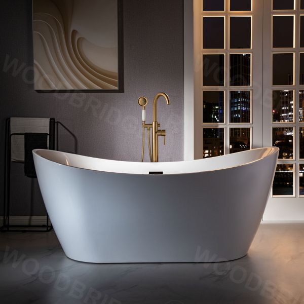  WOODBRIDGE F0026BGVT Fusion Single Handle Floor Mount Freestanding Tub Filler Faucet with Telephone Hand shower in Brushed Gold Finish._4184