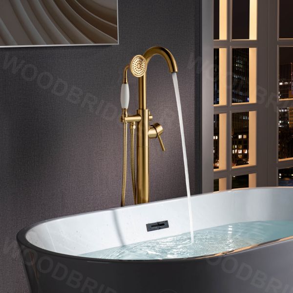 WOODBRIDGE F0026BGVT Fusion Single Handle Floor Mount Freestanding Tub Filler Faucet with Telephone Hand shower in Brushed Gold Finish.