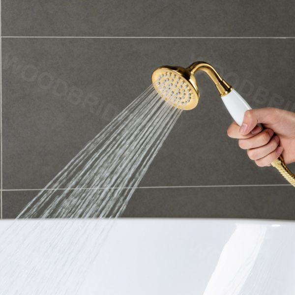  WOODBRIDGE F0026BGVT Fusion Single Handle Floor Mount Freestanding Tub Filler Faucet with Telephone Hand shower in Brushed Gold Finish._4187