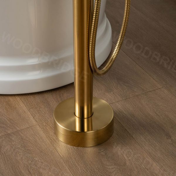  WOODBRIDGE F0026BGVT Fusion Single Handle Floor Mount Freestanding Tub Filler Faucet with Telephone Hand shower in Brushed Gold Finish._4188
