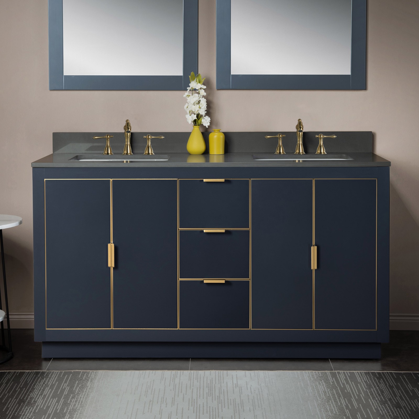 ᐅ【WOODBRIDGE Venice 60"x21"x33" Solid Wood Bath Vanities Side in Navy Blue with Gold and