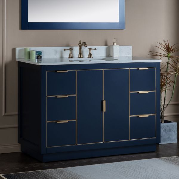 ᐅ【WOODBRIDGE Venice 48x21x33 Solid Wood Bath Vanities Side Cabinet in  Navy Blue with Gold Trim and Engineered Stone Composite Vanity Top in  Carrara White 3 Pre-Drilled Holes for 8-inch Widespread Faucet.-WOODBRIDGE】