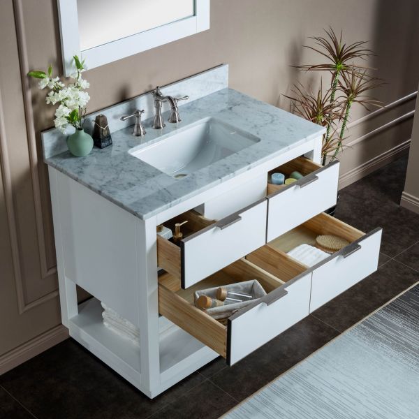 ᐅ【WOODBRIDGE Venice 36x21x33 Solid Wood Bath Vanities Side Cabinet in  Navy Blue and Gold Trim and Carrara Marble Vanity Top Cabinet with 3  Pre-Drilled Holes for 4-inches Centerset Faucet.-WOODBRIDGE】