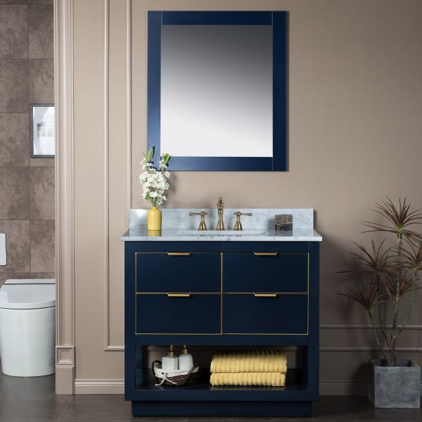 ᐅ【WOODBRIDGE Venice 36x21x33 Solid Wood Bath Vanities Side Cabinet in  Navy Blue and Gold Trim and Carrara Marble Vanity Top Cabinet with 3  Pre-Drilled Holes for 4-inches Centerset Faucet.-WOODBRIDGE】