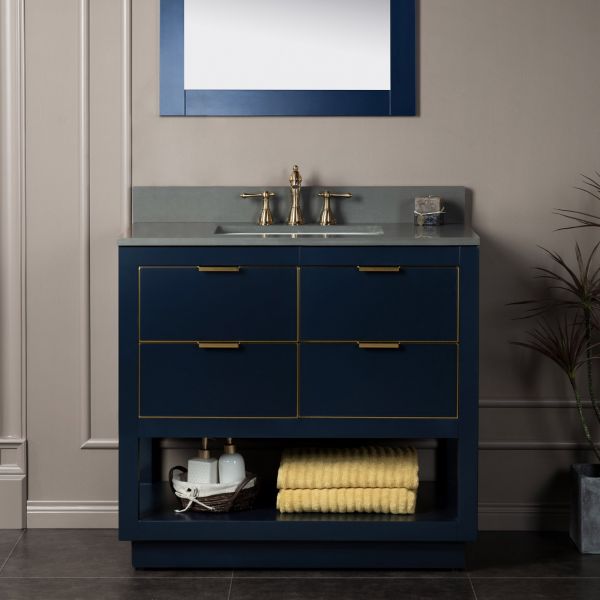 ᐅ【WOODBRIDGE Venice 36x21x33 Solid Wood Bath Vanities Side Cabinet in  Navy Blue with Gold and Engineered Stone Composite Vanity Top in Dark Gray  with 3 Pre-Drilled Holes for 8-inch Widespread Faucet.-WOODBRIDGE】