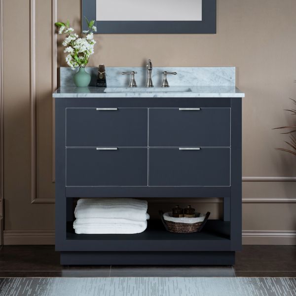 ᐅ【WOODBRIDGE Venice 36x21x33 Solid Wood Bath Vanities Side Cabinet in  Grey and Brushed Nickel Trim and Carrara Marble Vanity Top Cabinet with 3  Pre-Drilled Holes for 8-inch Widespread Faucet.-WOODBRIDGE】