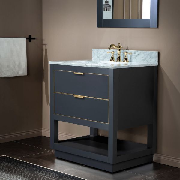 ᐅ【WOODBRIDGE Venice 48x21x33 Solid Wood Bath Vanities Side Cabinet in  White and Gold Trim and Carrara Marble Vanity Top Cabinet with Pre-Drilled  Hole for Single Hole Faucet.-WOODBRIDGE】