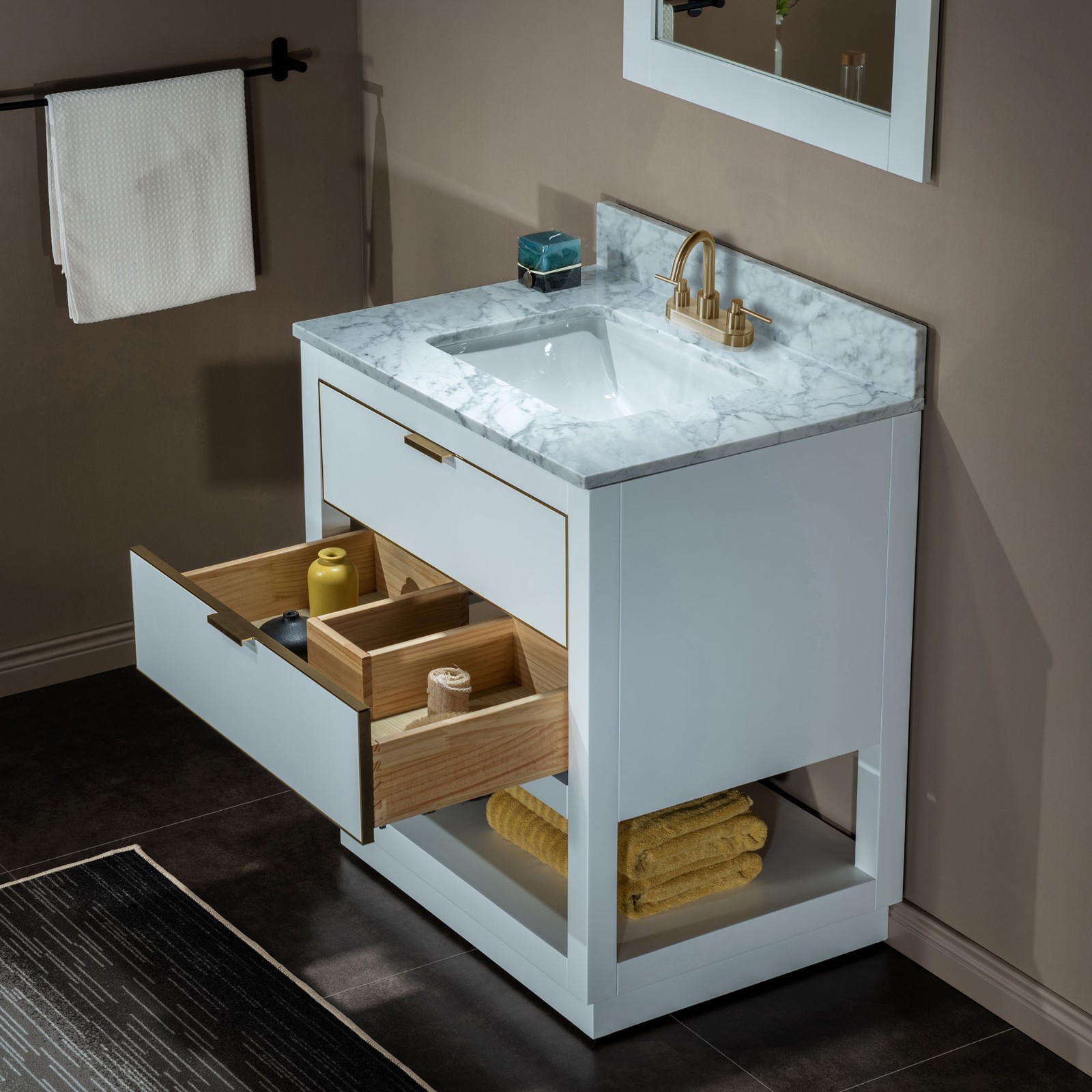 ᐅ【WOODBRIDGE Venice 30"x21"x33" Solid Wood Bath Vanities Side in White and Gold Trim and