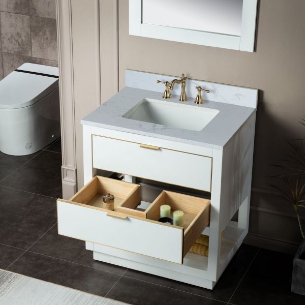 ᐅ【WOODBRIDGE Venice 48x21x33 Solid Wood Bath Vanities Side Cabinet in  White and Gold Trim and Carrara Marble Vanity Top Cabinet with Pre-Drilled  Hole for Single Hole Faucet.-WOODBRIDGE】