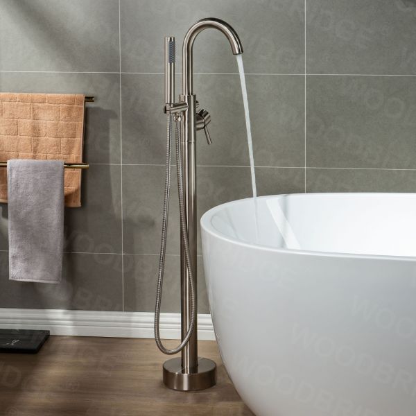  WOODBRIDGE F0001BNDR Contemporary Single Handle Floor Mount Freestanding Tub Filler Faucet with Hand shower in Brushed Nickel Finish._2168