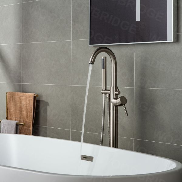  WOODBRIDGE F0001BNDR Contemporary Single Handle Floor Mount Freestanding Tub Filler Faucet with Hand shower in Brushed Nickel Finish._2170