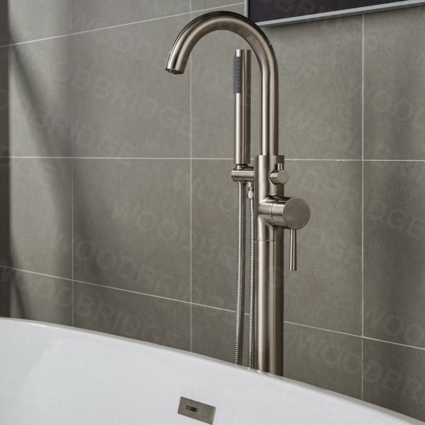  WOODBRIDGE F0001BNDR Contemporary Single Handle Floor Mount Freestanding Tub Filler Faucet with Hand shower in Brushed Nickel Finish.