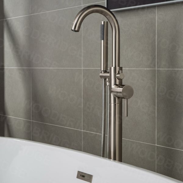  WOODBRIDGE F0001BNDR Contemporary Single Handle Floor Mount Freestanding Tub Filler Faucet with Hand shower in Brushed Nickel Finish._2173