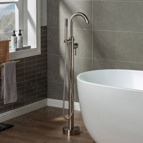  WOODBRIDGE F0001BNDR Contemporary Single Handle Floor Mount Freestanding Tub Filler Faucet with Hand shower in Brushed Nickel Finish._2175