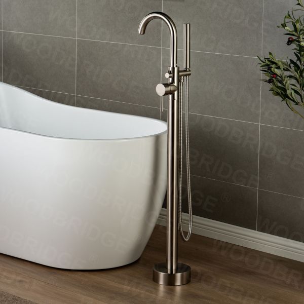 WOODBRIDGE F0001BNDR Contemporary Single Handle Floor Mount Freestanding Tub Filler Faucet with Hand shower in Brushed Nickel Finish._2178