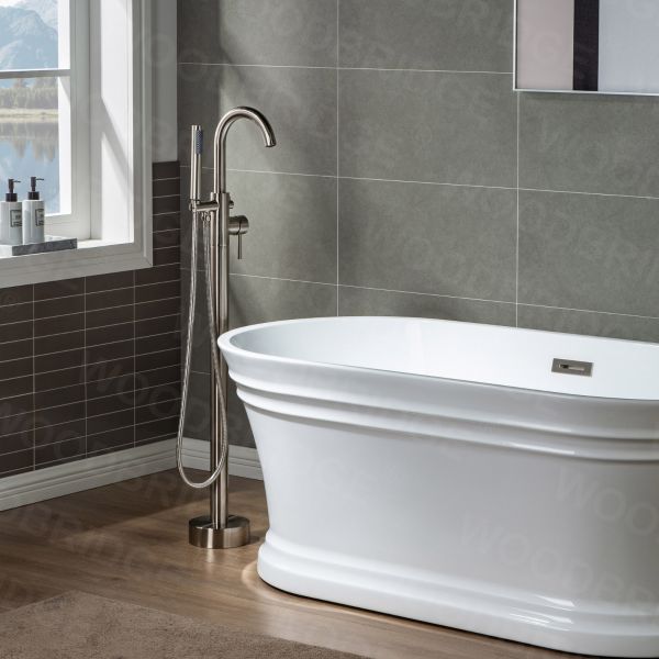  WOODBRIDGE F0001BNDR Contemporary Single Handle Floor Mount Freestanding Tub Filler Faucet with Hand shower in Brushed Nickel Finish._2179