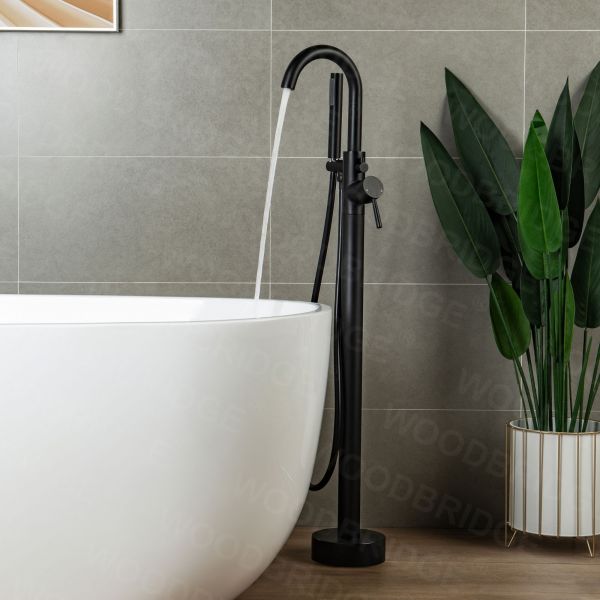  WOODBRIDGE F0006MBDR Contemporary Single Handle Floor Mount Freestanding Tub Filler Faucet with Hand shower in Matte Black Finish._2142