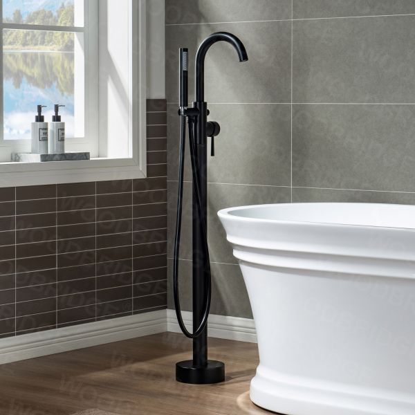  WOODBRIDGE F0006MBDR Contemporary Single Handle Floor Mount Freestanding Tub Filler Faucet with Hand shower in Matte Black Finish._2140