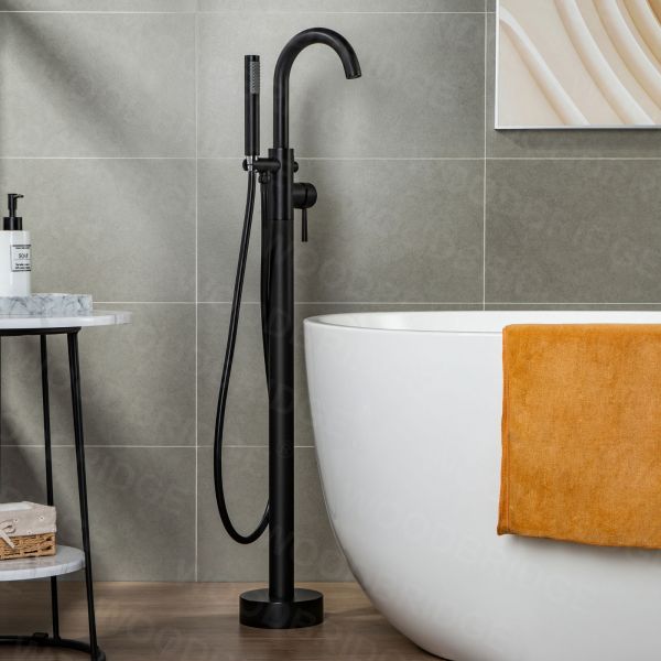  WOODBRIDGE F0006MBDR Contemporary Single Handle Floor Mount Freestanding Tub Filler Faucet with Hand shower in Matte Black Finish._2145