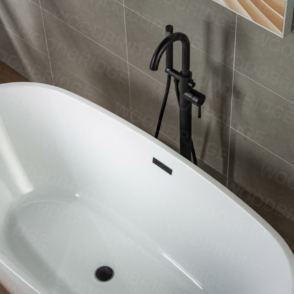  WOODBRIDGE F0006MBDR Contemporary Single Handle Floor Mount Freestanding Tub Filler Faucet with Hand shower in Matte Black Finish.