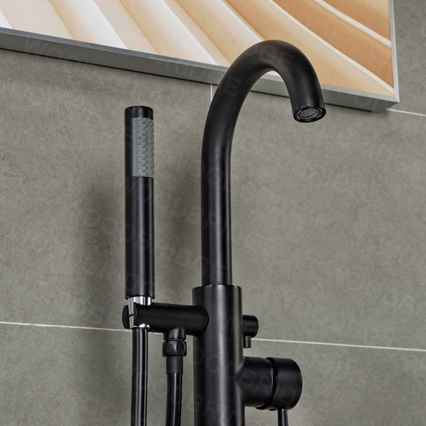  WOODBRIDGE F0006MBDR Contemporary Single Handle Floor Mount Freestanding Tub Filler Faucet with Hand shower in Matte Black Finish._2147