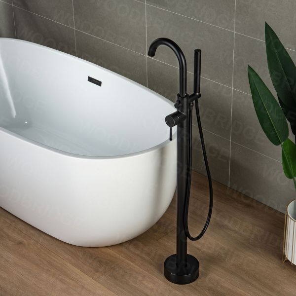  WOODBRIDGE F0006MBDR Contemporary Single Handle Floor Mount Freestanding Tub Filler Faucet with Hand shower in Matte Black Finish._2150