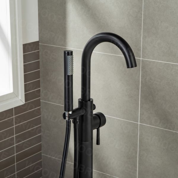 WOODBRIDGE F0006MBDR Contemporary Single Handle Floor Mount Freestanding Tub Filler Faucet with Hand shower in Matte Black Finish._2153