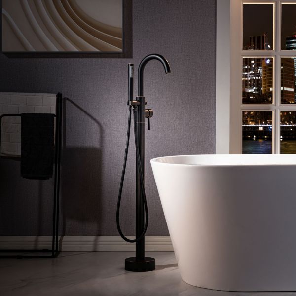  WOODBRIDGE F0027ORBRD Contemporary Single Handle Floor Mount Freestanding Tub Filler Faucet with Cylinder Shape Hand shower in Oil Rubbed Bronze Finish._2102