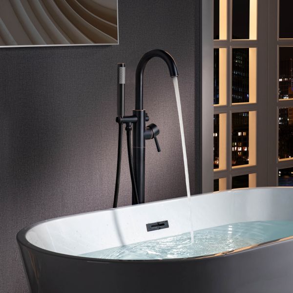  WOODBRIDGE F0027ORBRD Contemporary Single Handle Floor Mount Freestanding Tub Filler Faucet with Cylinder Shape Hand shower in Oil Rubbed Bronze Finish._2105