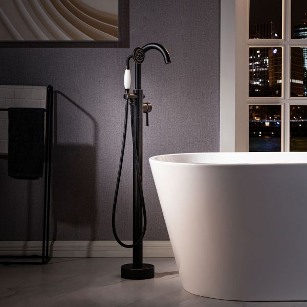 WOODBRIDGE F0027ORBVT Fusion Single Handle Floor Mount Freestanding Tub Filler Faucet with Telephone Hand shower in Oil Rubbed Bronze Finish.