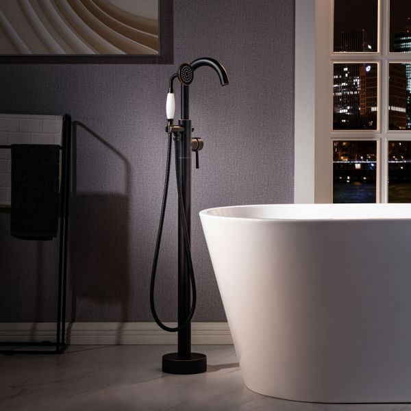  WOODBRIDGE F0027ORBVT Fusion Single Handle Floor Mount Freestanding Tub Filler Faucet with Telephone Hand shower in Oil Rubbed Bronze Finish._2093