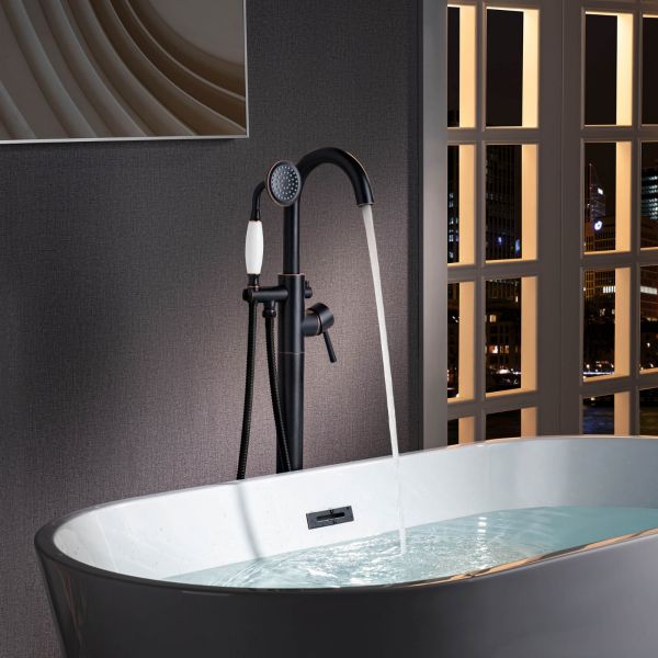  WOODBRIDGE F0027ORBVT Fusion Single Handle Floor Mount Freestanding Tub Filler Faucet with Telephone Hand shower in Oil Rubbed Bronze Finish._2095