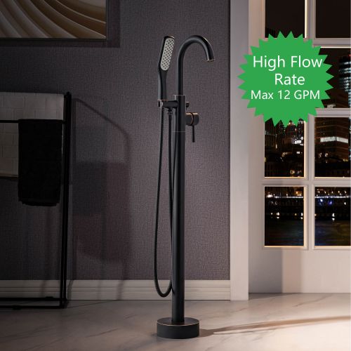 WOODBRIDGE F0027ORBSQ Fusion Single Handle Floor Mount Freestanding Tub Filler Faucet with Square Comfort Grip Hand Shower in Oil Rubbed Bronze Finish.