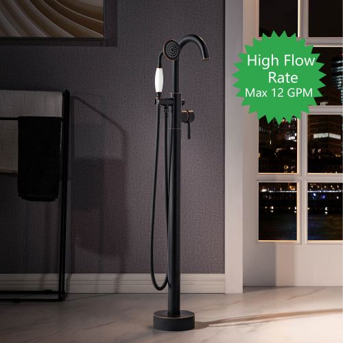 WOODBRIDGE F0027ORBVT Fusion Single Handle Floor Mount Freestanding Tub Filler Faucet with Telephone Hand shower in Oil Rubbed Bronze Finish.