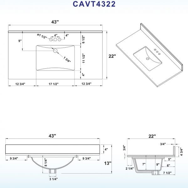  WOODBRIDGE CAVT4322-4 Vanity Top with Under Mount Bowl, 43