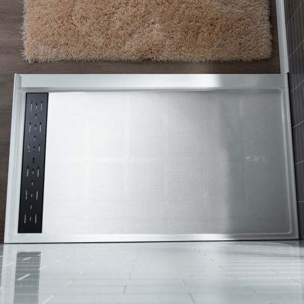 WOODBRIDGE SBR6030-1000L-MB SolidSurface Shower Base with Recessed Trench Side Including Matte Black Linear Cover, 60
