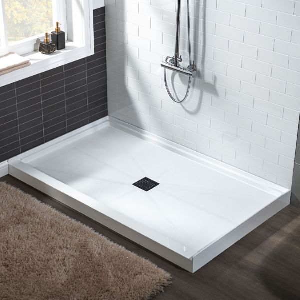  WOODBRIDGE SBR6036-1000C-MB SolidSurface Shower Base with Recessed Trench Side Including Matte Black Linear Cover, 60