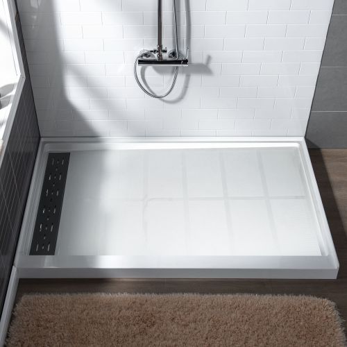 WOODBRIDGE SBR6036-1000L-MB SolidSurface Shower Base with Recessed Trench Side Including Matte Black Linear Cover, 60