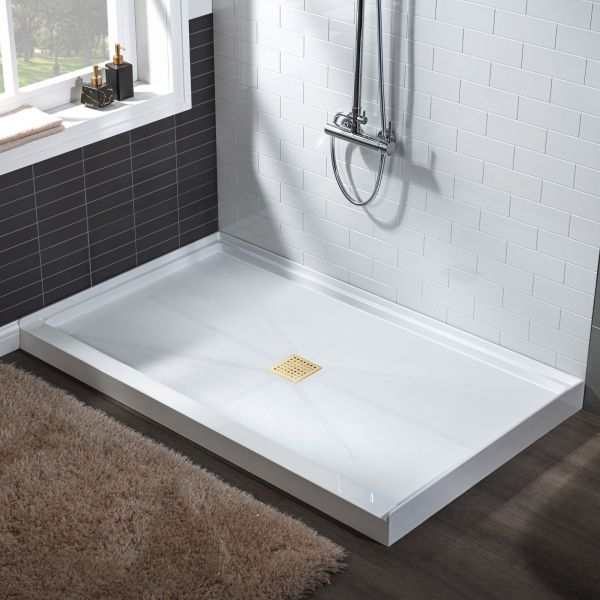 WOODBRIDGE SBR6036-1000C-BG SolidSurface Shower Base with Recessed Trench Side Including Brushed Gold Linear Cover, 60