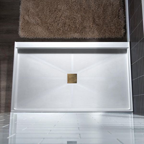 WOODBRIDGE SBR6036-1000C-BG SolidSurface Shower Base with Recessed Trench Side Including Brushed Gold Linear Cover, 60