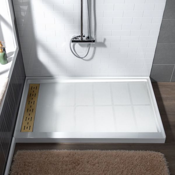  WOODBRIDGE SBR6036-1000L-BG SolidSurface Shower Base with Recessed Trench Side Including Brushed Gold Linear Cover, 60