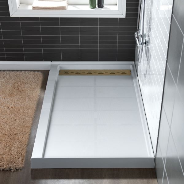  WOODBRIDGE SBR6036-1000L-BG SolidSurface Shower Base with Recessed Trench Side Including Brushed Gold Linear Cover, 60