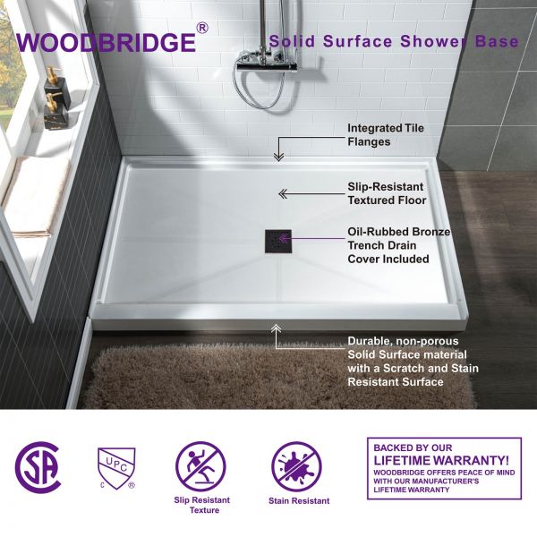  WOODBRIDGE SBR6036-1000C-ORB SolidSurface Shower Base with Recessed Trench Side Including Oil Rubbed Bronze Linear Cover, 60