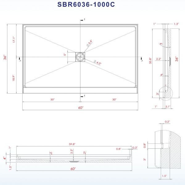  WOODBRIDGE SBR6036-1000C-ORB SolidSurface Shower Base with Recessed Trench Side Including Oil Rubbed Bronze Linear Cover, 60
