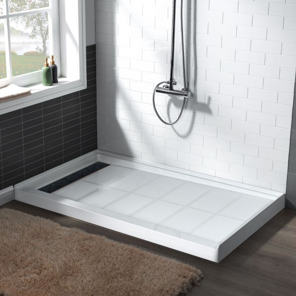WOODBRIDGE SBR6036-1000L-ORB SolidSurface Shower Base with Recessed Trench Side Including Oil Rubbed Bronze Linear Cover, 60