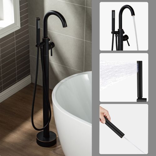 WOODBRIDGE F0010ORBDR Contemporary Single Handle Floor Mount Freestanding Tub Filler Faucet with Hand shower in Oil Rubbed Bronze Finish.