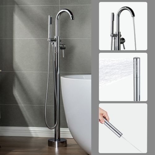 WOODBRIDGE F0002CHDR Contemporary Single Handle Floor Mount Freestanding Tub Filler Faucet with Hand shower in Chrome Finish.