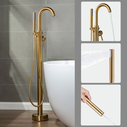 WOODBRIDGE F0007BGDR Contemporary Single Handle Floor Mount Freestanding Tub Filler Faucet with Hand shower in Brushed Gold Finish.