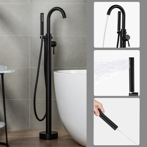 WOODBRIDGE F0006MBDR Contemporary Single Handle Floor Mount Freestanding Tub Filler Faucet with Hand shower in Matte Black Finish.