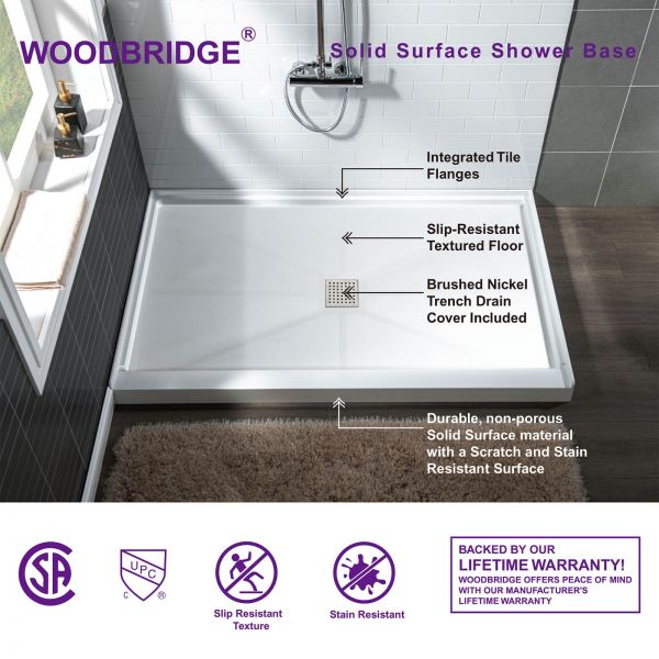  WOODBRIDGE SBR4832-1000C Solid Surface Shower Base with Recessed Trench Side Including Stainless Steel Linear Cover, 48